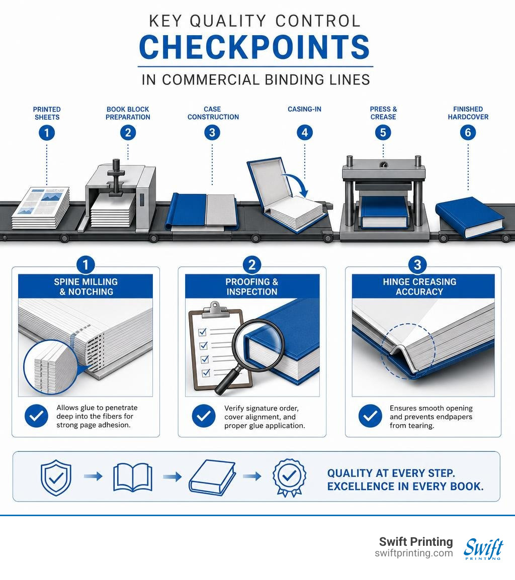 Graphic showing key quality control checkpoints in commercial binding lines infographic Graphic showing key quality control checkpoints in commercial binding lines infographic