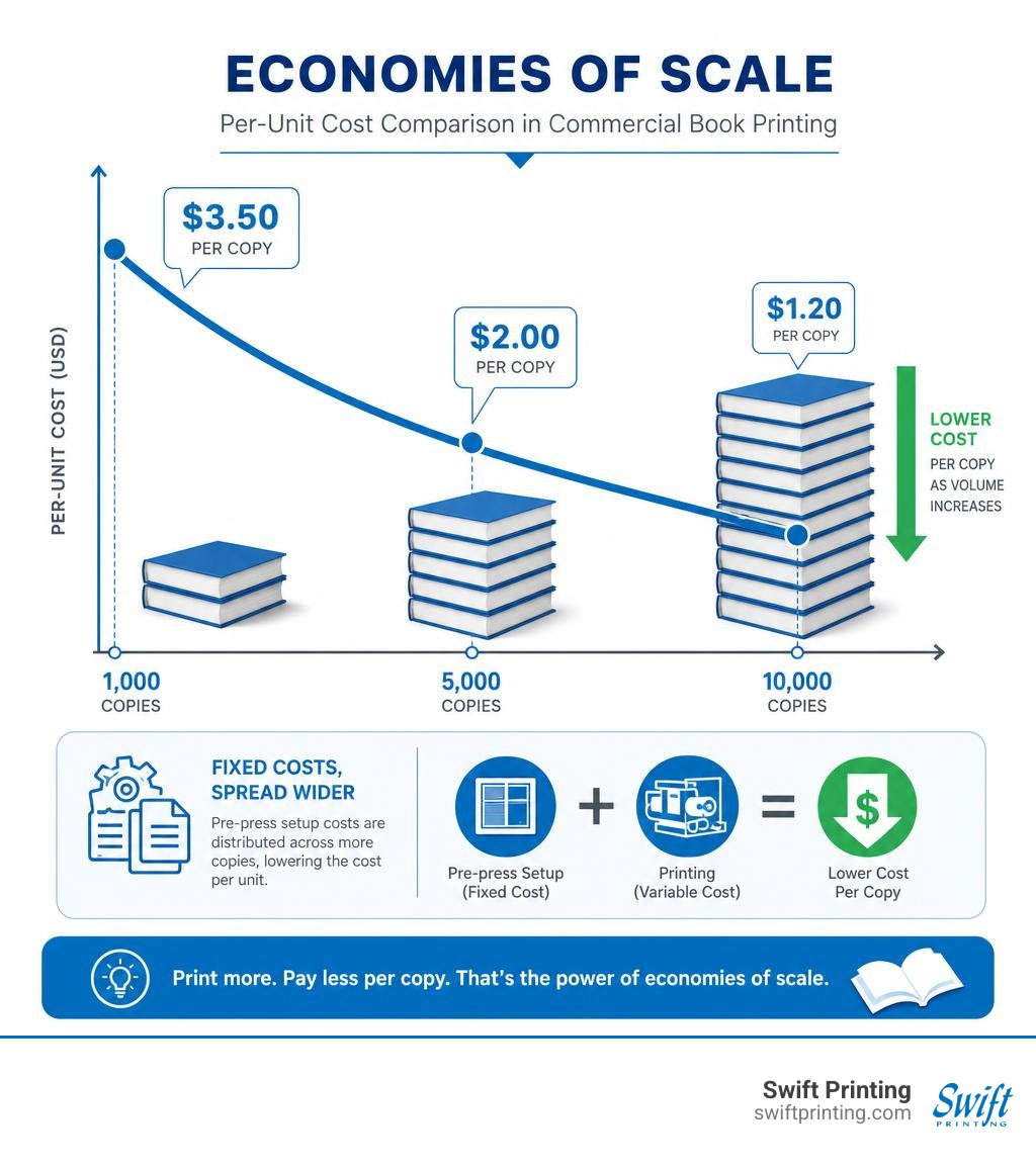 Per-unit cost comparison illustrating economies of scale in commercial book printing infographic Per-unit cost comparison illustrating economies of scale in commercial book printing infographic