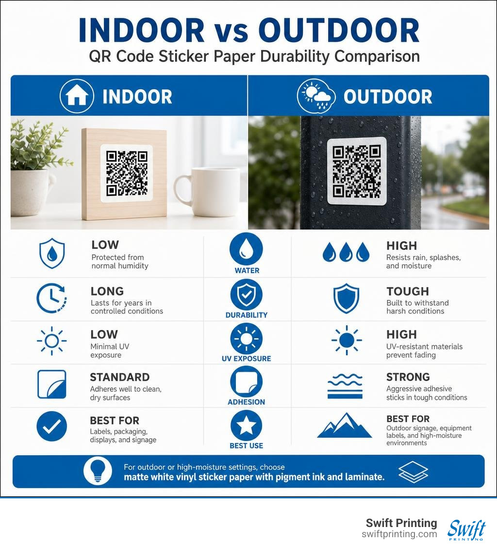 Indoor vs outdoor QR code sticker paper durability comparison infographic infographic Indoor vs outdoor QR code sticker paper durability comparison infographic infographic