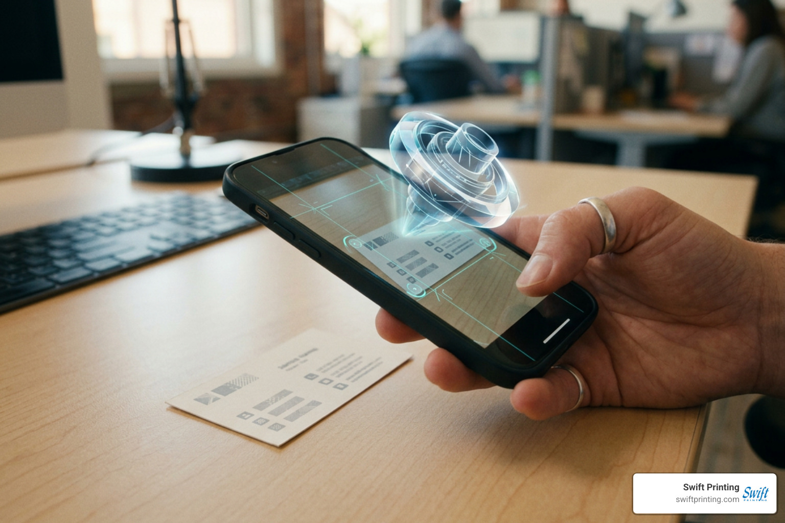 Mobile phone camera scanning physical business card and rendering AR 3D model Mobile phone camera scanning physical business card and rendering AR 3D model