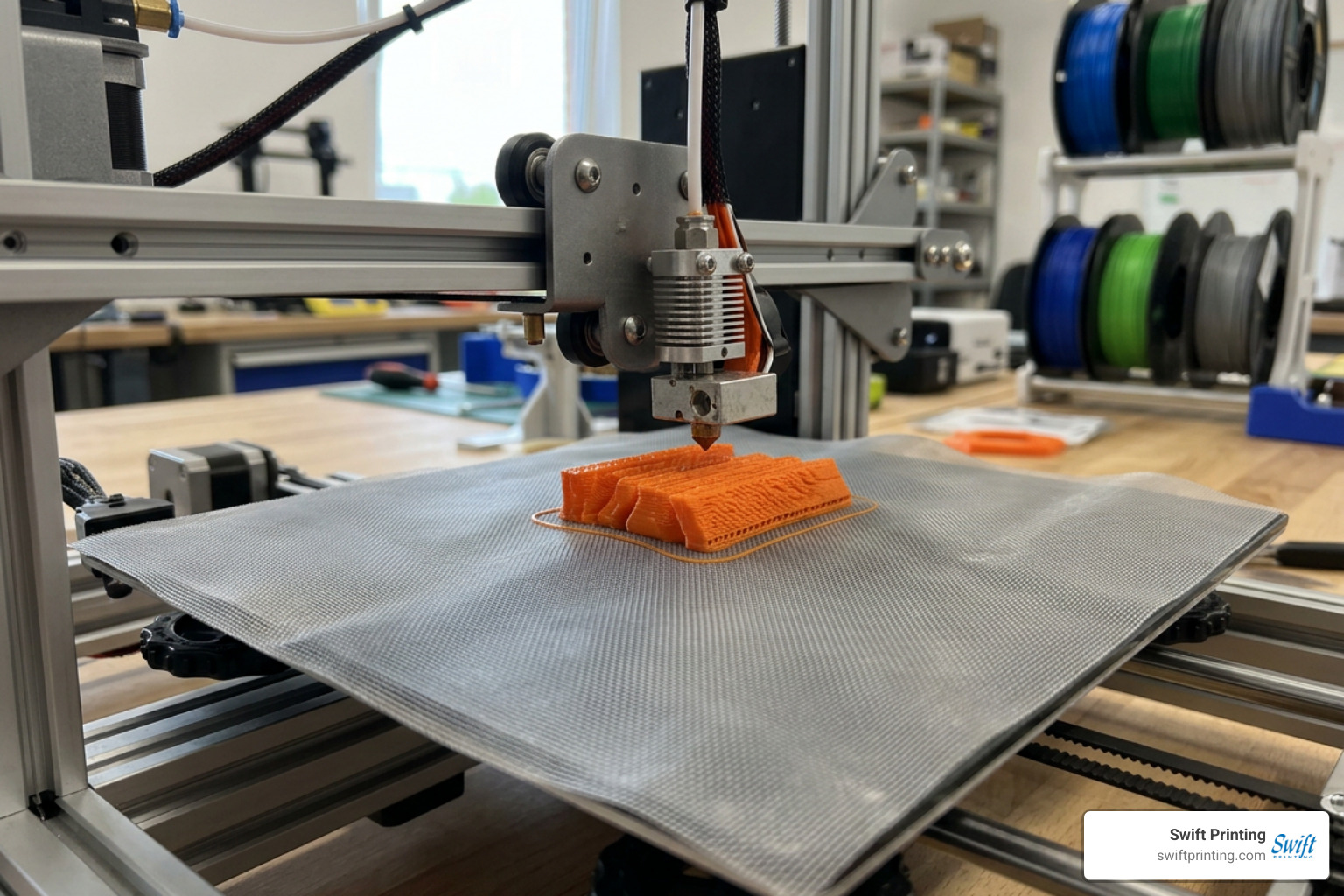 Desktop 3D printer extruding filament on flexible illusion mesh fabric Desktop 3D printer extruding filament on flexible illusion mesh fabric