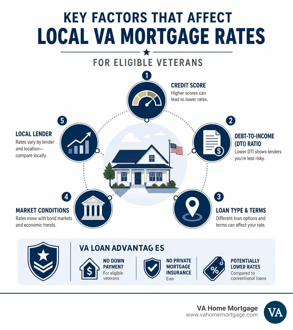 Infographic showing key factors that affect local VA mortgage rates for eligible veterans infographic Infographic showing key factors that affect local VA mortgage rates for eligible veterans infographic