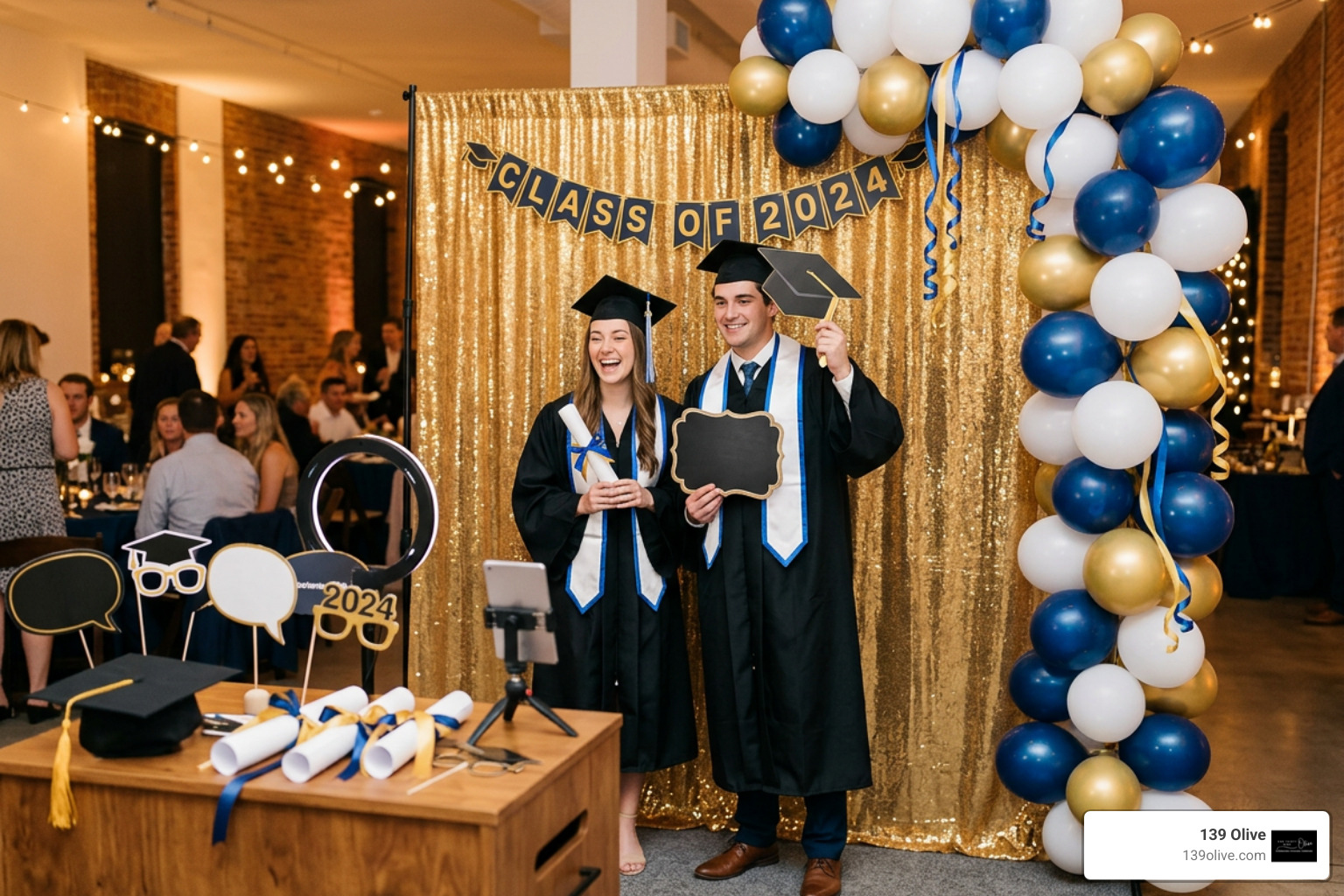 photo booth setup with graduation backdrops