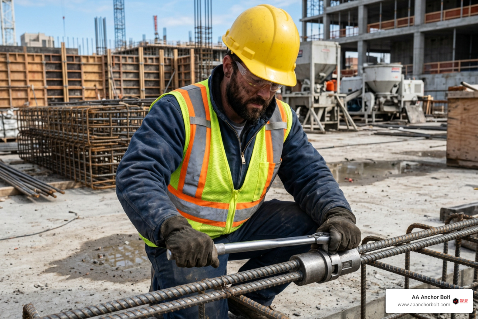 Ironworker torque wrenching a mechanical rebar coupler on jobsite Ironworker torque wrenching a mechanical rebar coupler on jobsite