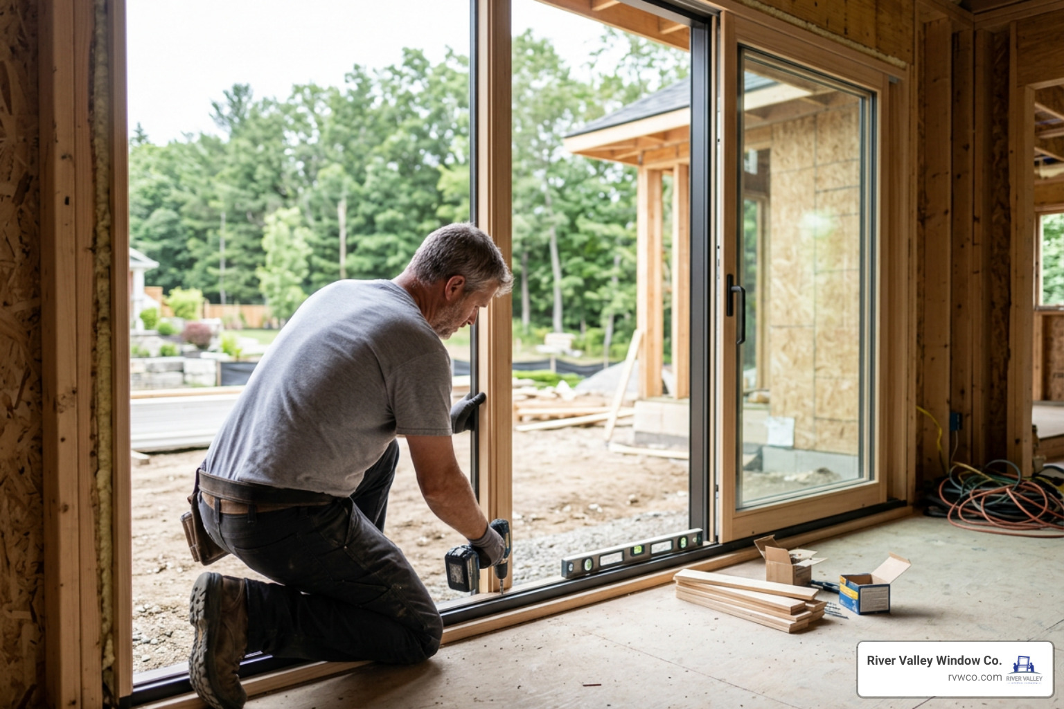 Professional contractor installing sliding patio door frame Professional contractor installing sliding patio door frame
