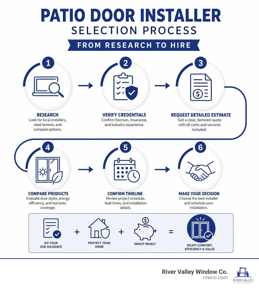 Step-by-step patio door installer selection process from research to hire infographic Step-by-step patio door installer selection process from research to hire infographic