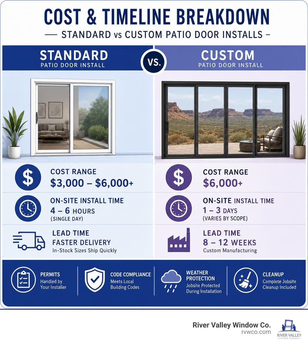 Cost and timeline breakdown for standard vs custom patio door installs infographic Cost and timeline breakdown for standard vs custom patio door installs infographic