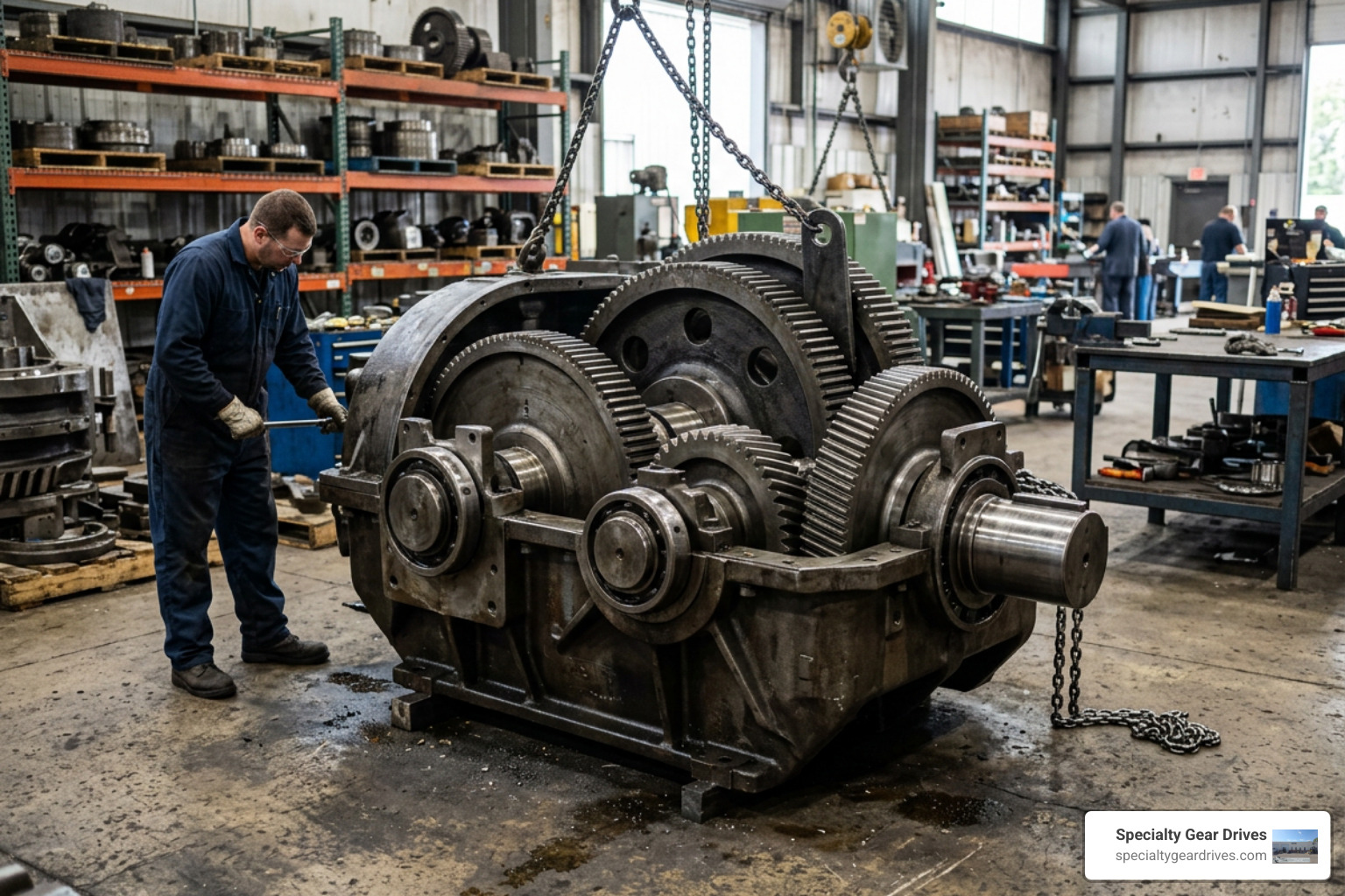 heavy industrial drive gear assembly on shop floor heavy industrial drive gear assembly on shop floor