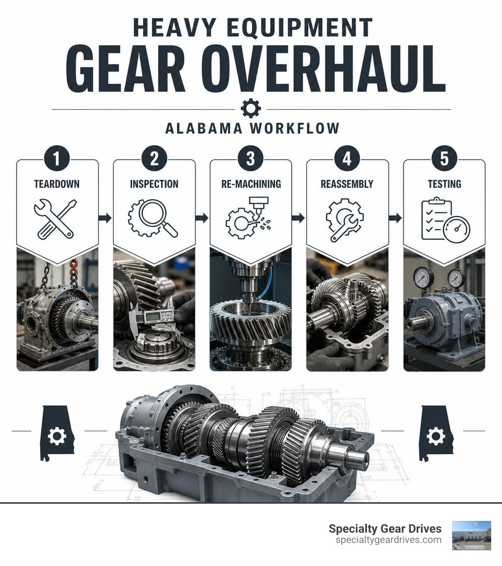 heavy equipment gear overhaul Alabama workflow infographic showing teardown, inspection, re-machining, reassembly, and heavy equipment gear overhaul Alabama workflow infographic showing teardown, inspection, re-machining, reassembly, and