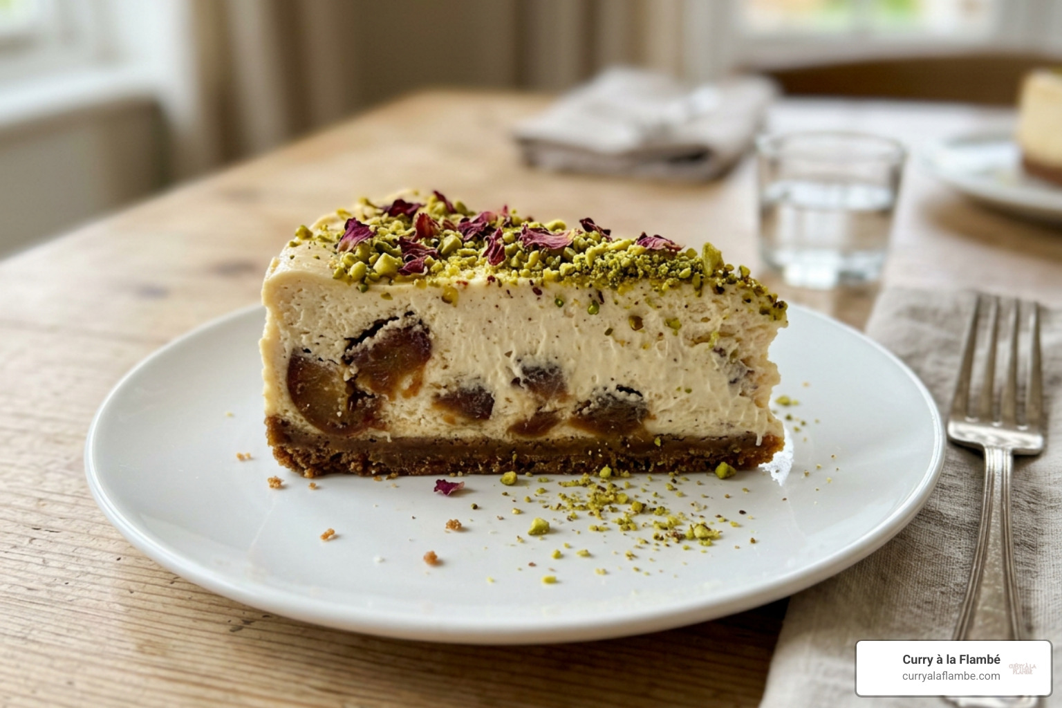 Sliced eggless gulab jamun cheesecake topped with crushed pistachios