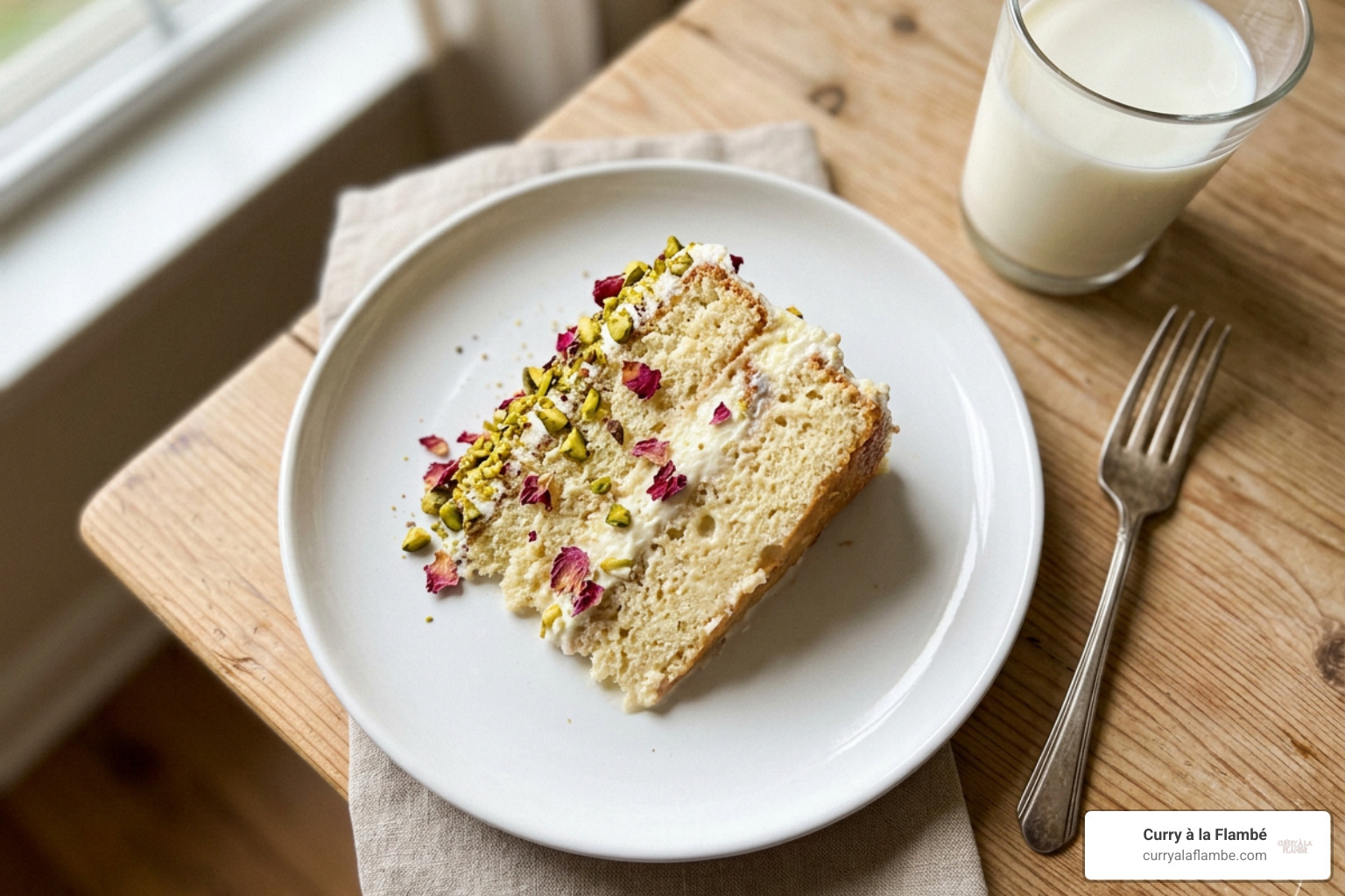 Rasmalai tres leches cake garnished with rose petals
