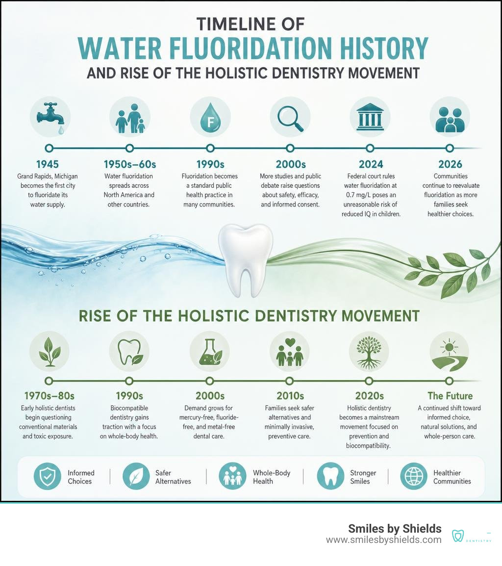 Timeline of water fluoridation history and rise of holistic dentistry movement infographic Timeline of water fluoridation history and rise of holistic dentistry movement infographic
