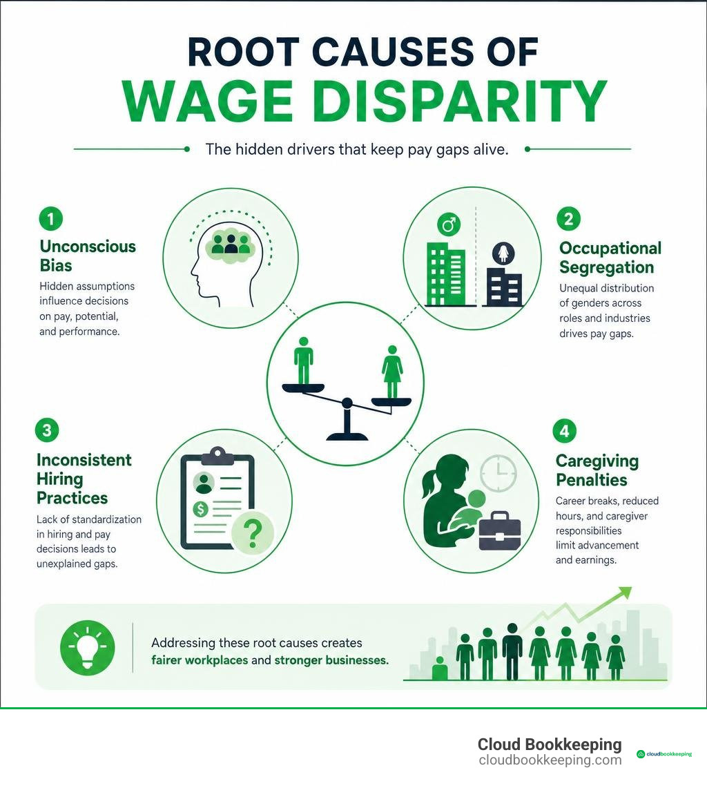 Infographic showing key root causes of wage disparity including unconscious bias, occupational segregation, inconsistent Infographic showing key root causes of wage disparity including unconscious bias, occupational segregation, inconsistent