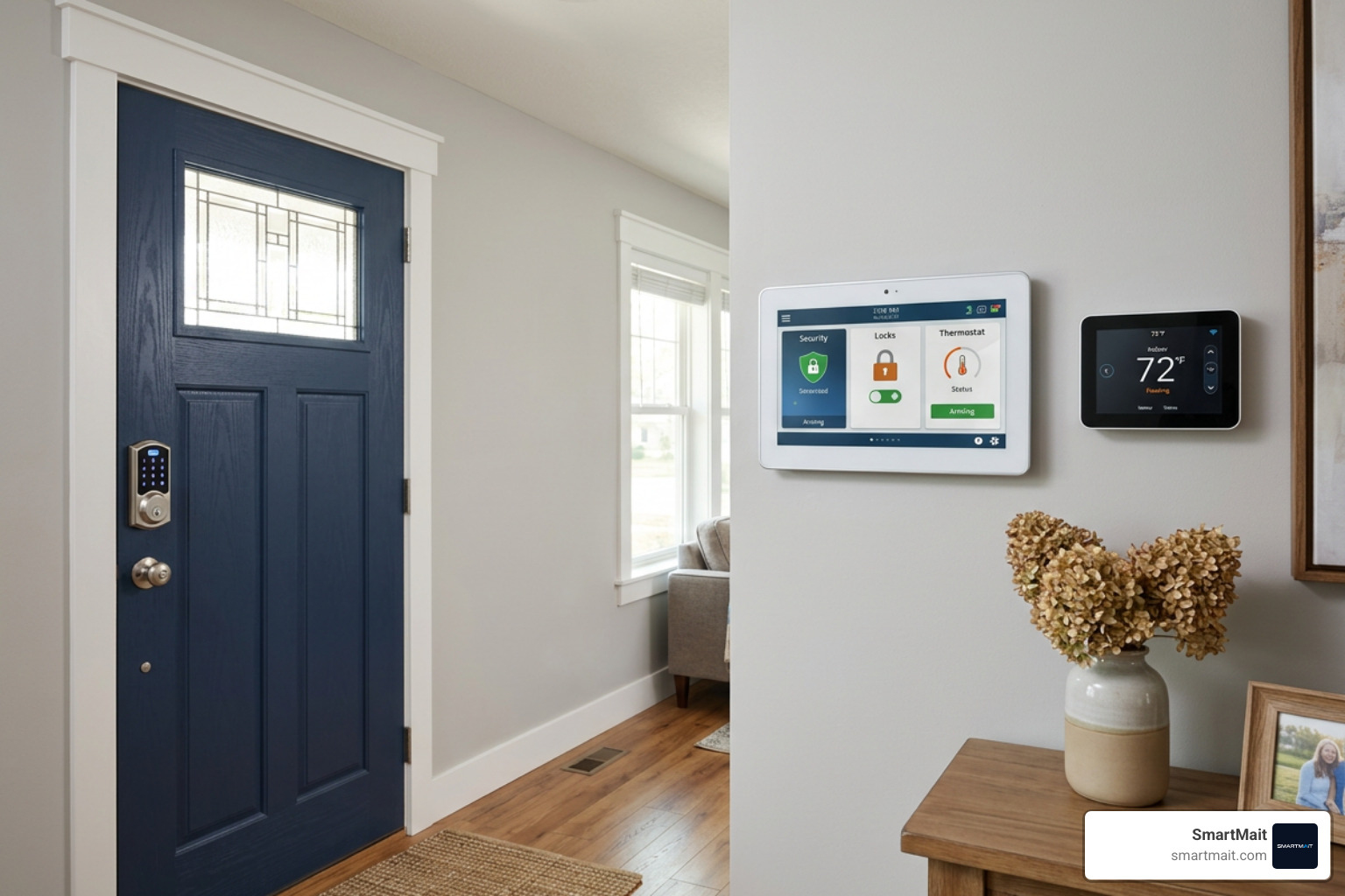 Smart home Z-Wave lock and thermostat connected to a 2GIG alarm monitoring service touchscreen panel Smart home Z-Wave lock and thermostat connected to a 2GIG alarm monitoring service touchscreen panel