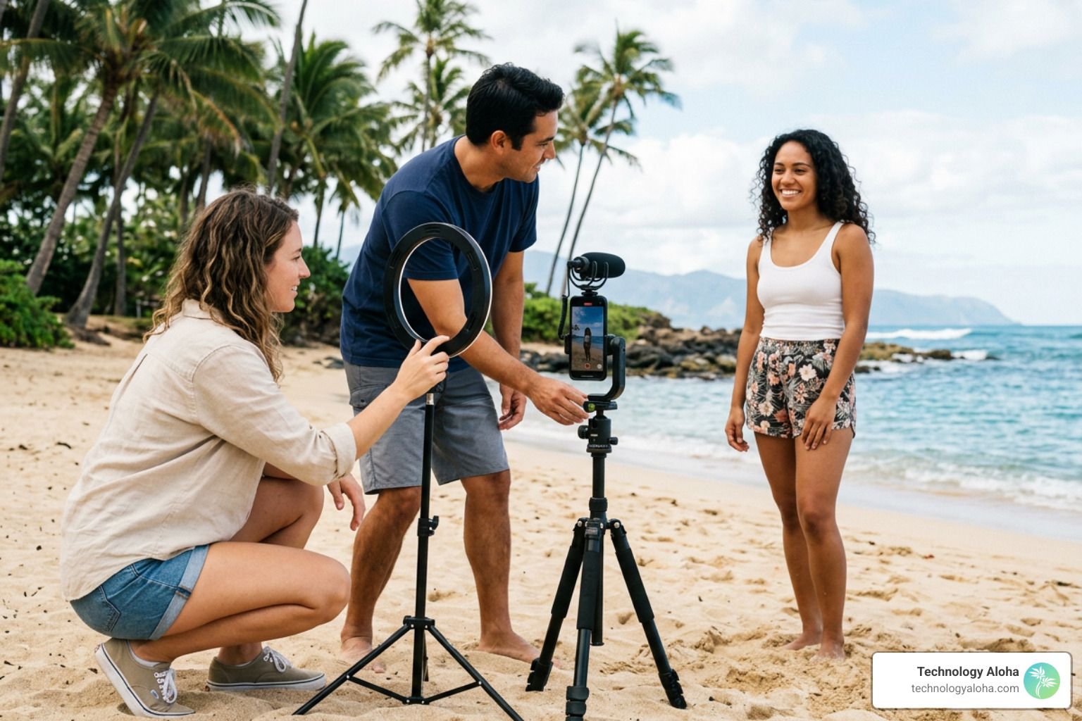 Team creating short-form vertical video content on mobile camera set up near palm trees Team creating short-form vertical video content on mobile camera set up near palm trees