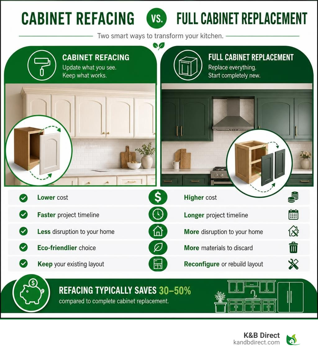 Comparison infographic between cabinet refacing and full cabinet replacement infographic