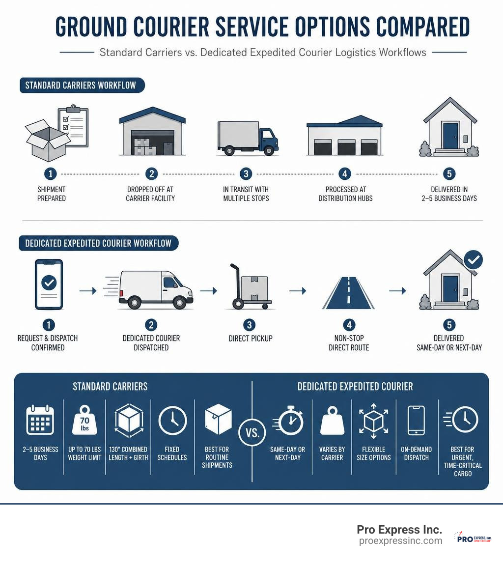 Ground courier service options compared: standard carriers vs dedicated expedited courier logistics workflows infographic Ground courier service options compared: standard carriers vs dedicated expedited courier logistics workflows infographic