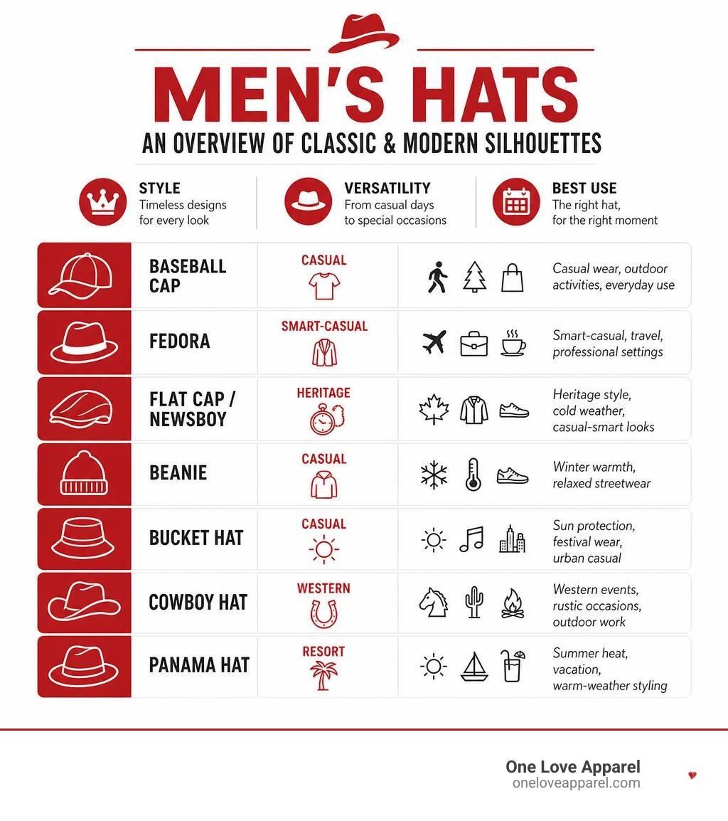 Overview of classic and modern men's hat silhouettes with style categories and best-use occasions infographic Overview of classic and modern men's hat silhouettes with style categories and best-use occasions infographic