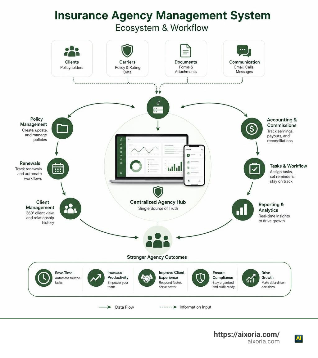 insurance agency management system ecosystem showing key components and workflows infographic