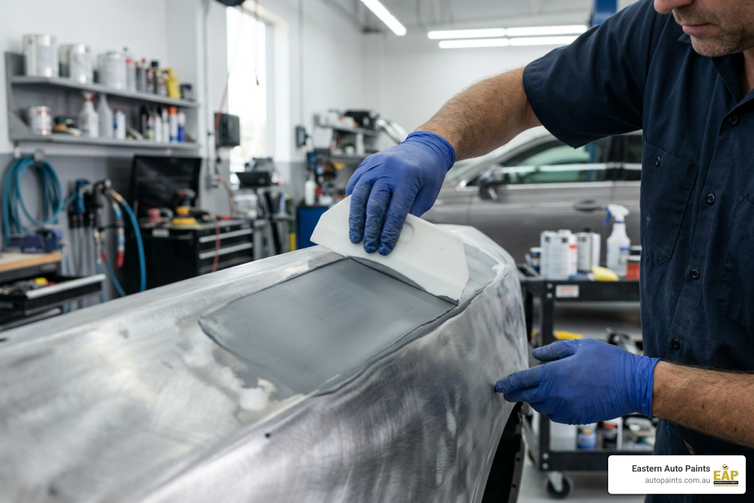 applying metal body filler on a panel showing correct spreader angle and smooth layer building over prepared bare metal