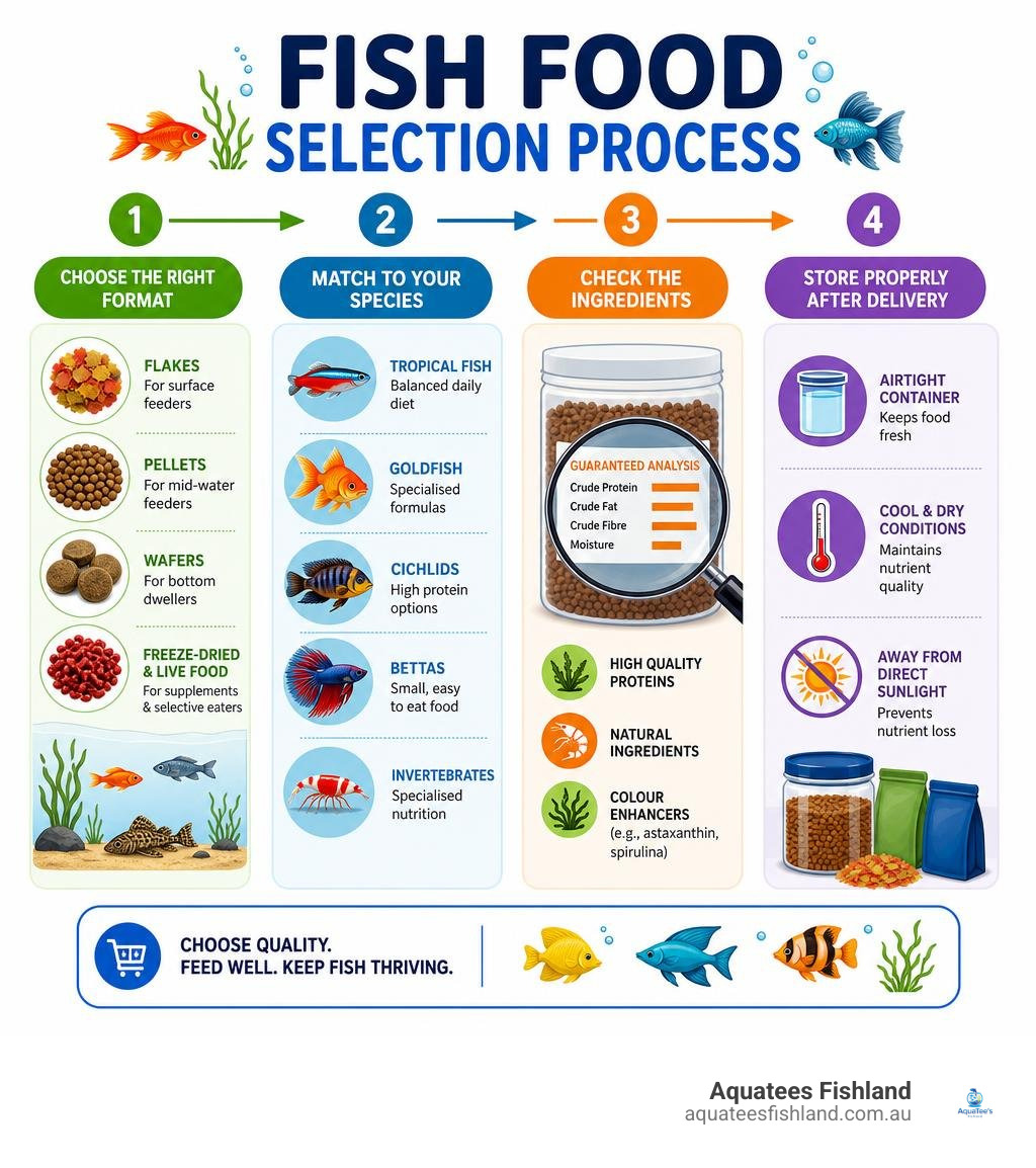 fish food selection process infographic showing formats, species matching, ingredients, and storage tips infographic