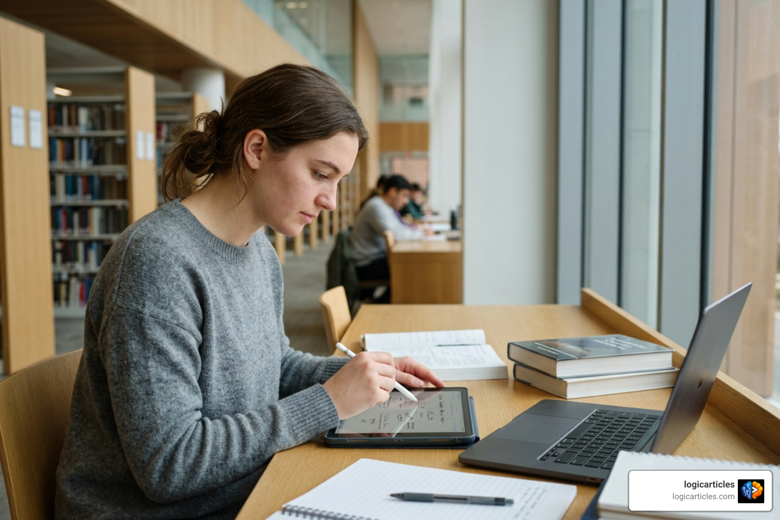 student verifying digital notes on a tablet