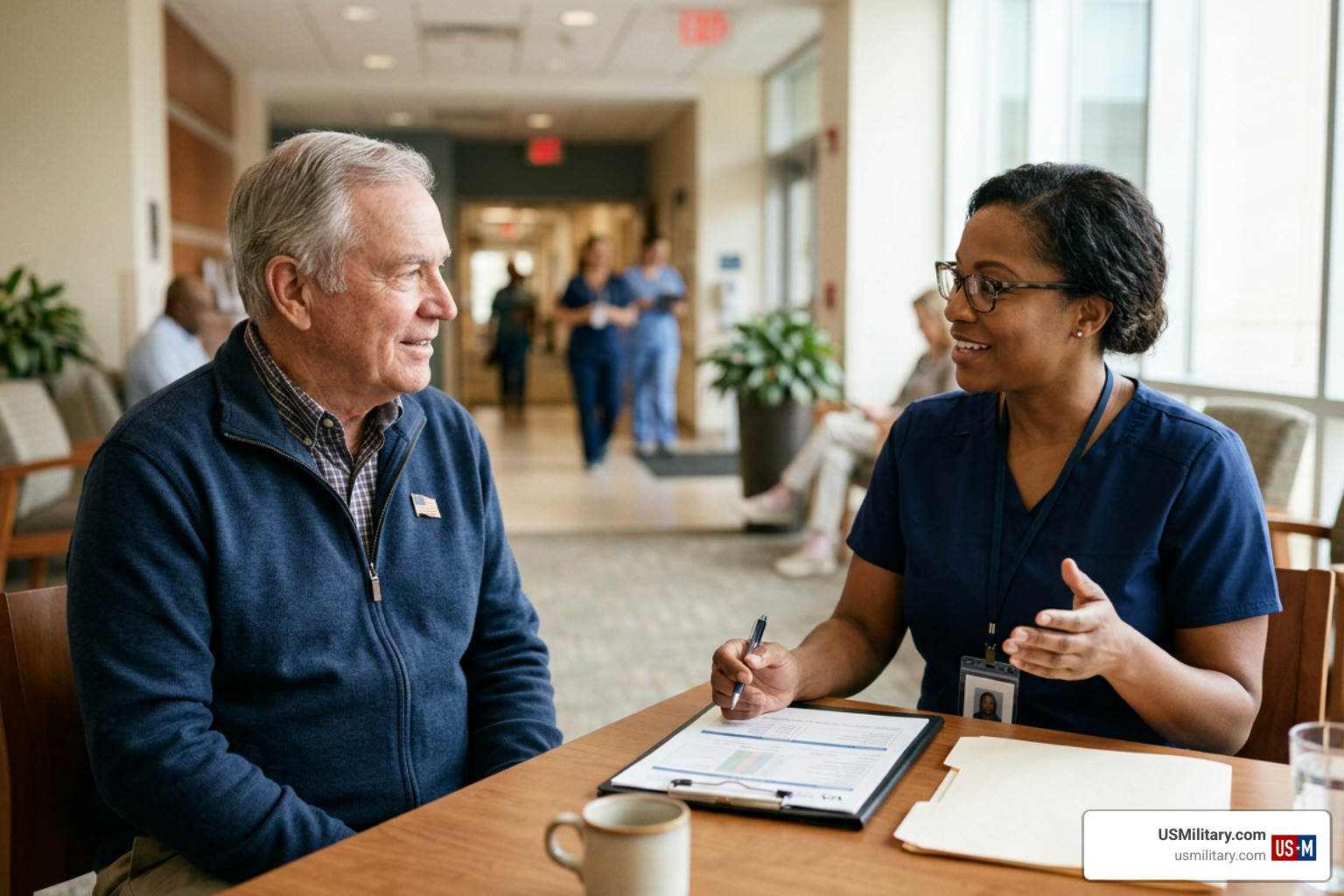 American military veteran discussing health options with care team American military veteran discussing health options with care team