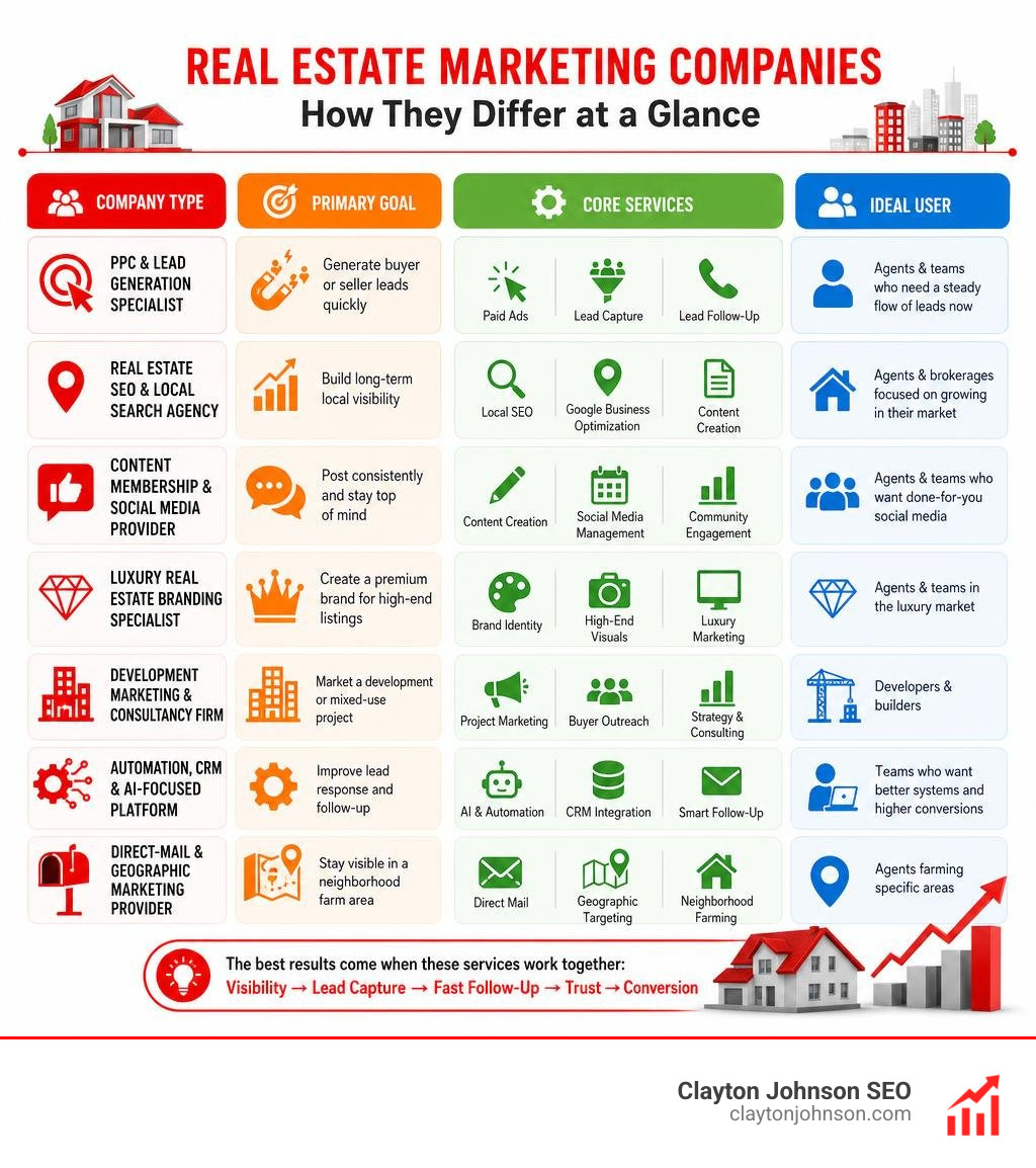 Comparison of real estate marketing company types, goals, services, and ideal users infographic