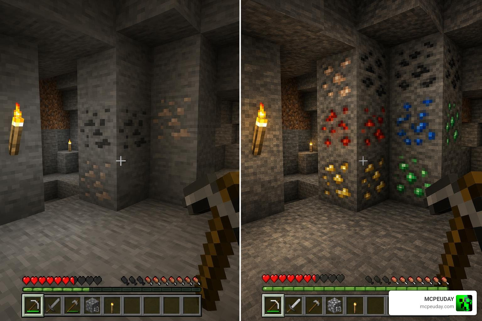 Side-by-side comparison of Vanilla+ texture options in Bedrock Edition showing improved ore visibility and UI Side-by-side comparison of Vanilla+ texture options in Bedrock Edition showing improved ore visibility and UI