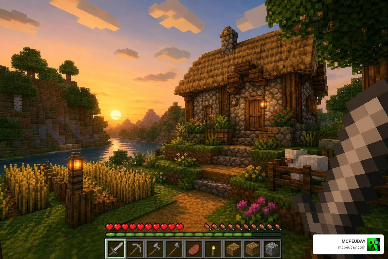 SurvivalM texture pack active in a Minecraft survival world showing custom UI and medieval blocks SurvivalM texture pack active in a Minecraft survival world showing custom UI and medieval blocks