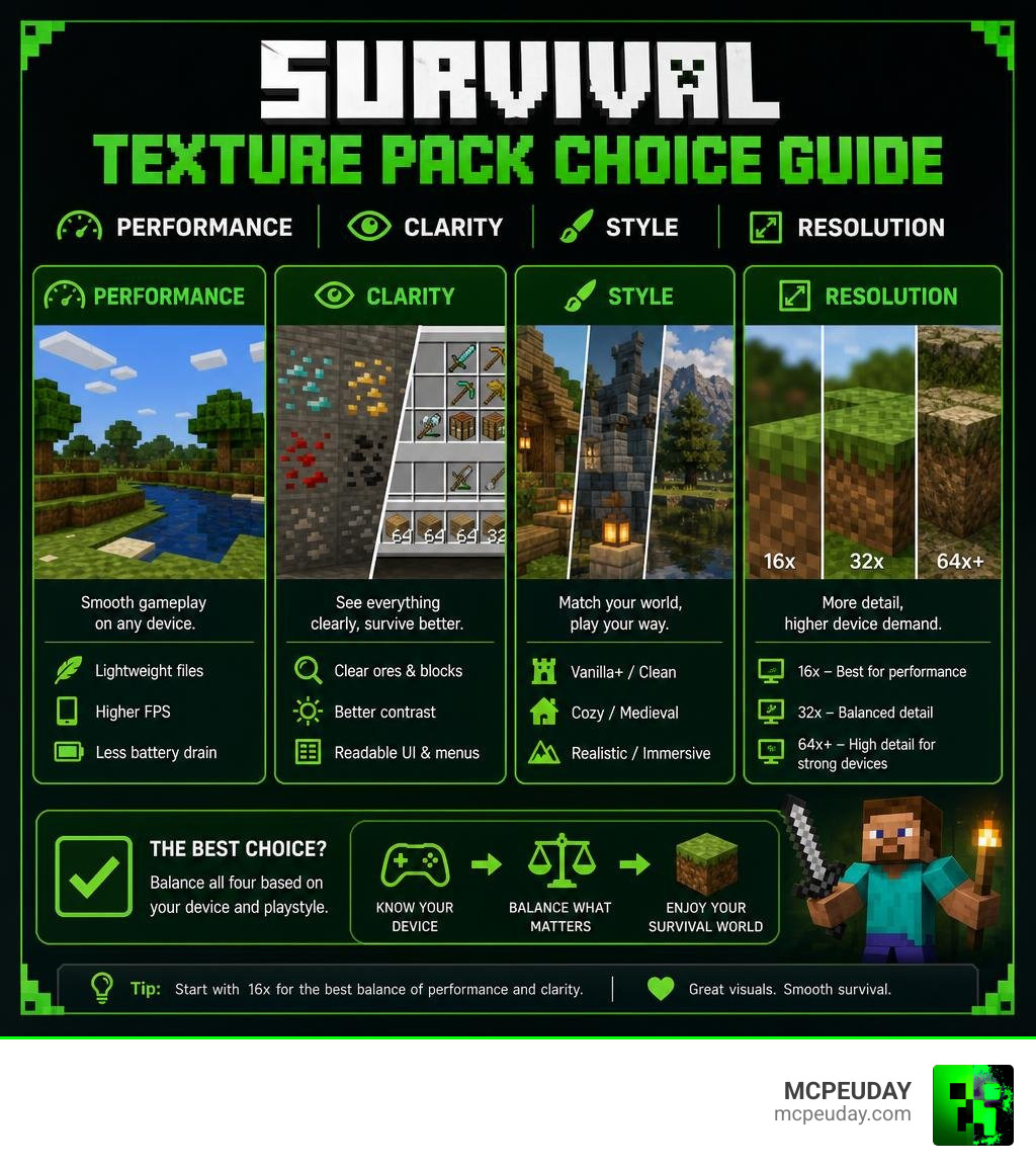 Survival texture pack choice guide: performance, clarity, style, and resolution infographic Survival texture pack choice guide: performance, clarity, style, and resolution infographic
