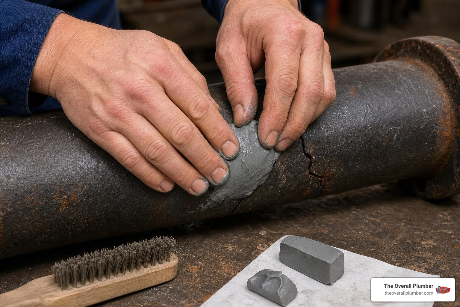 applying two-part epoxy putty to cracked pipe surface applying two-part epoxy putty to cracked pipe surface
