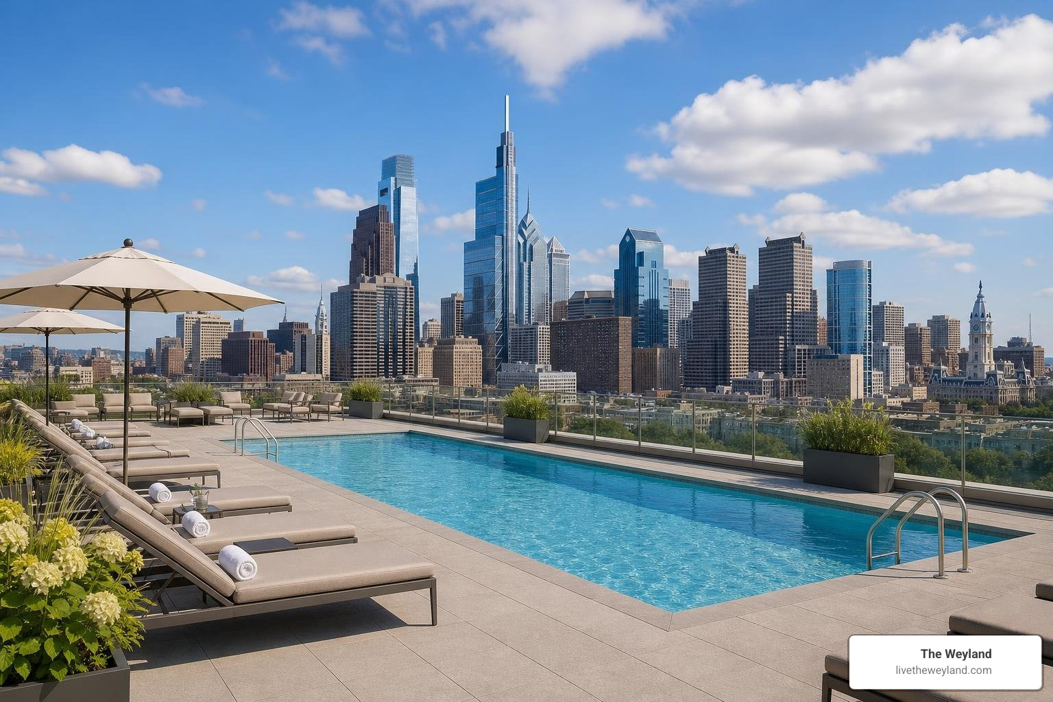 Rooftop sunbathing deck with skyline views