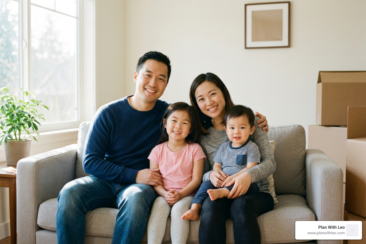Young Asian family sitting comfortably together on living room sofa in their new home Young Asian family sitting comfortably together on living room sofa in their new home