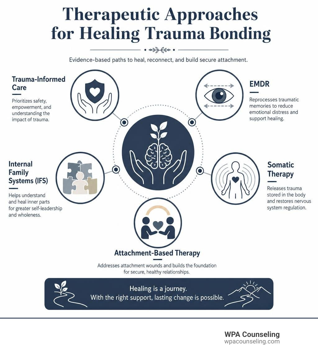 Infographic showing counseling approaches for healing trauma bonding, including trauma-informed care, EMDR, IFS, somatic Infographic showing counseling approaches for healing trauma bonding, including trauma-informed care, EMDR, IFS, somatic