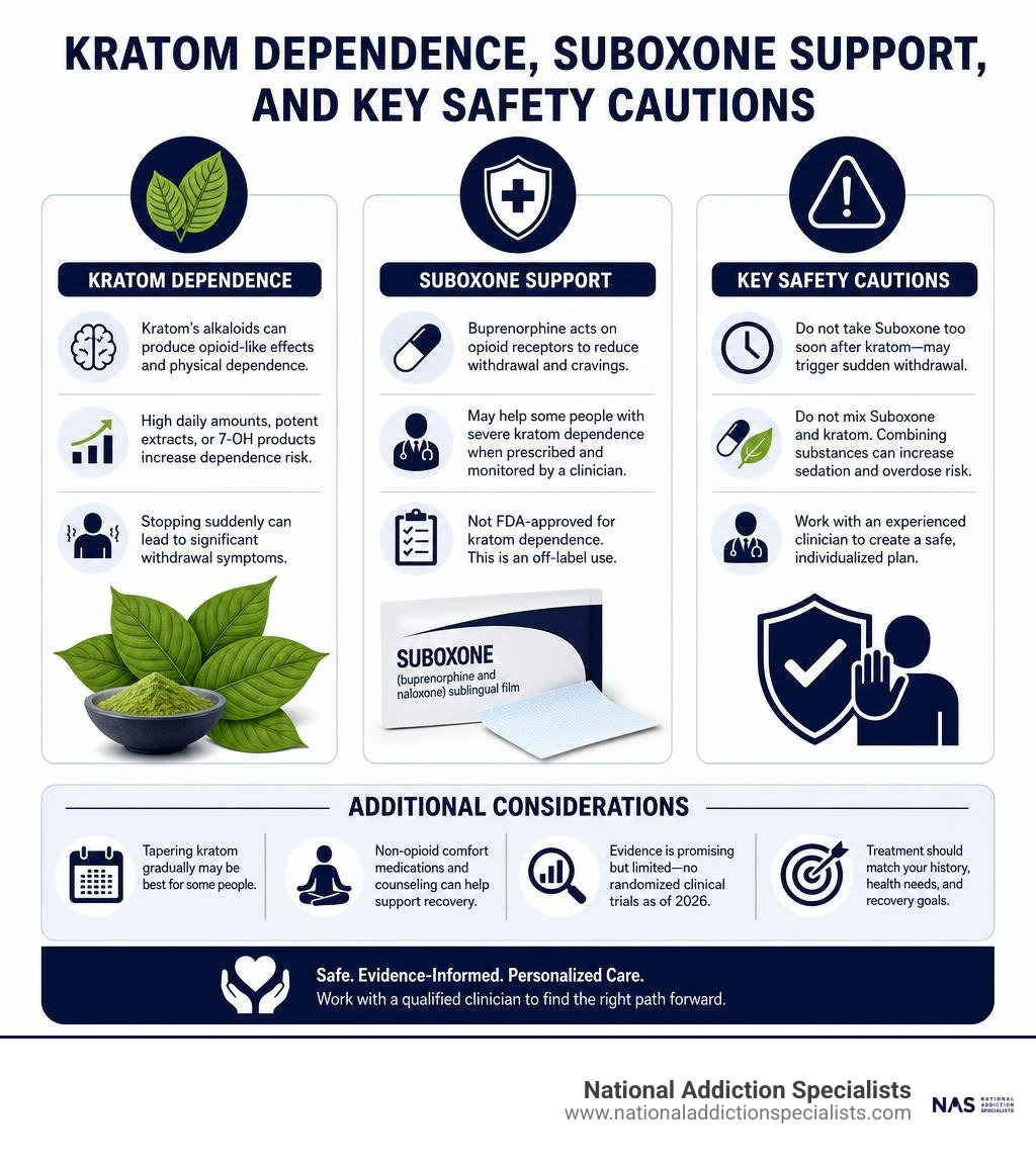 Infographic comparing kratom dependence, Suboxone support, and key safety cautions infographic Infographic comparing kratom dependence, Suboxone support, and key safety cautions infographic