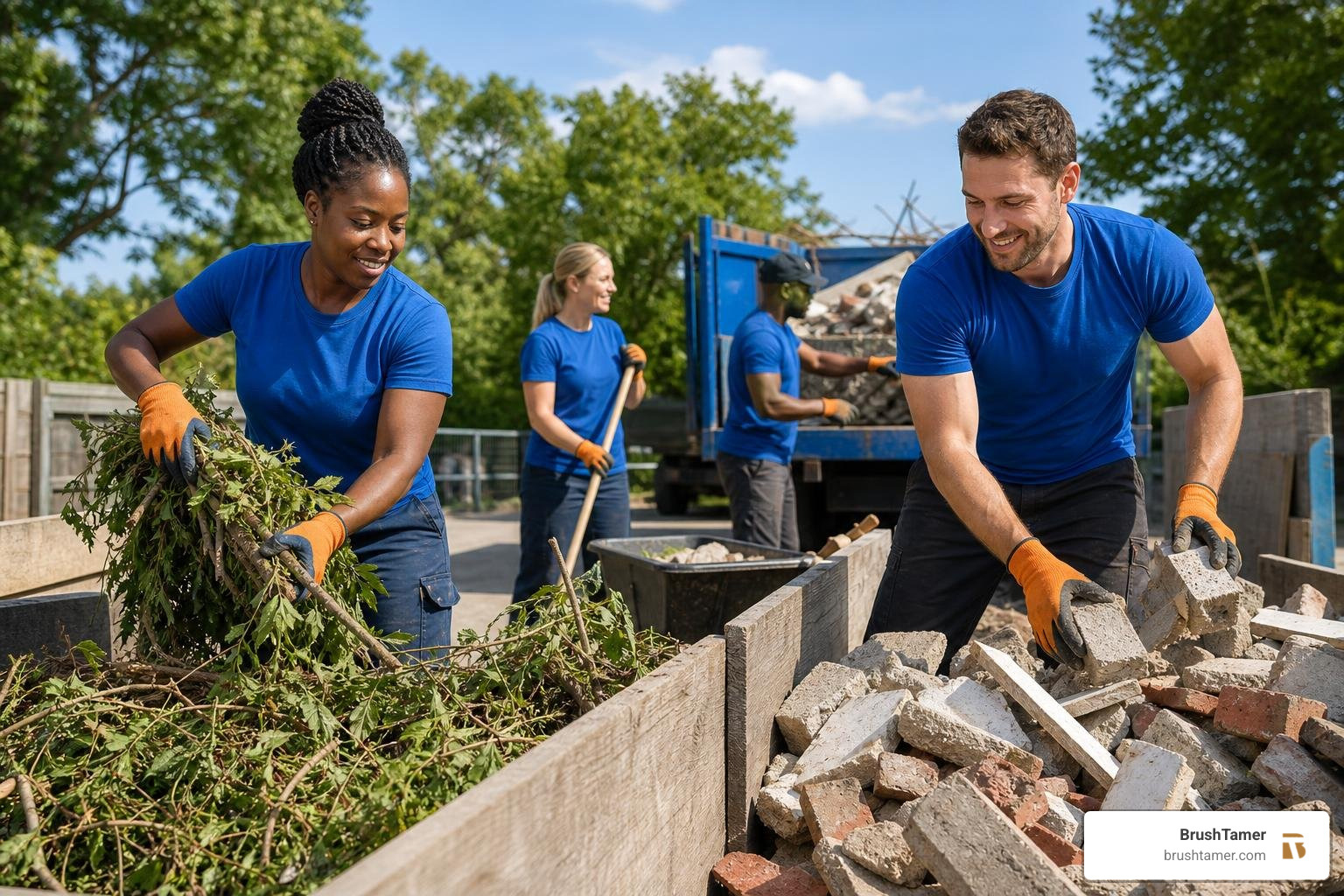 male and female team neatly sorting yard waste and construction debris brand colors positive