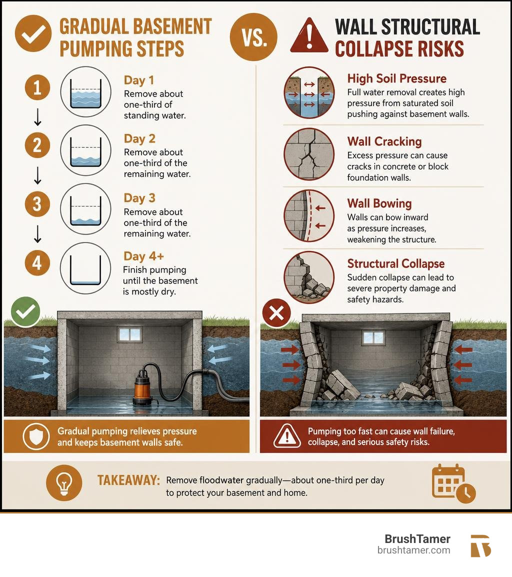 infographic schedule comparing gradual basement pumping steps vs wall structural collapse risks infographic