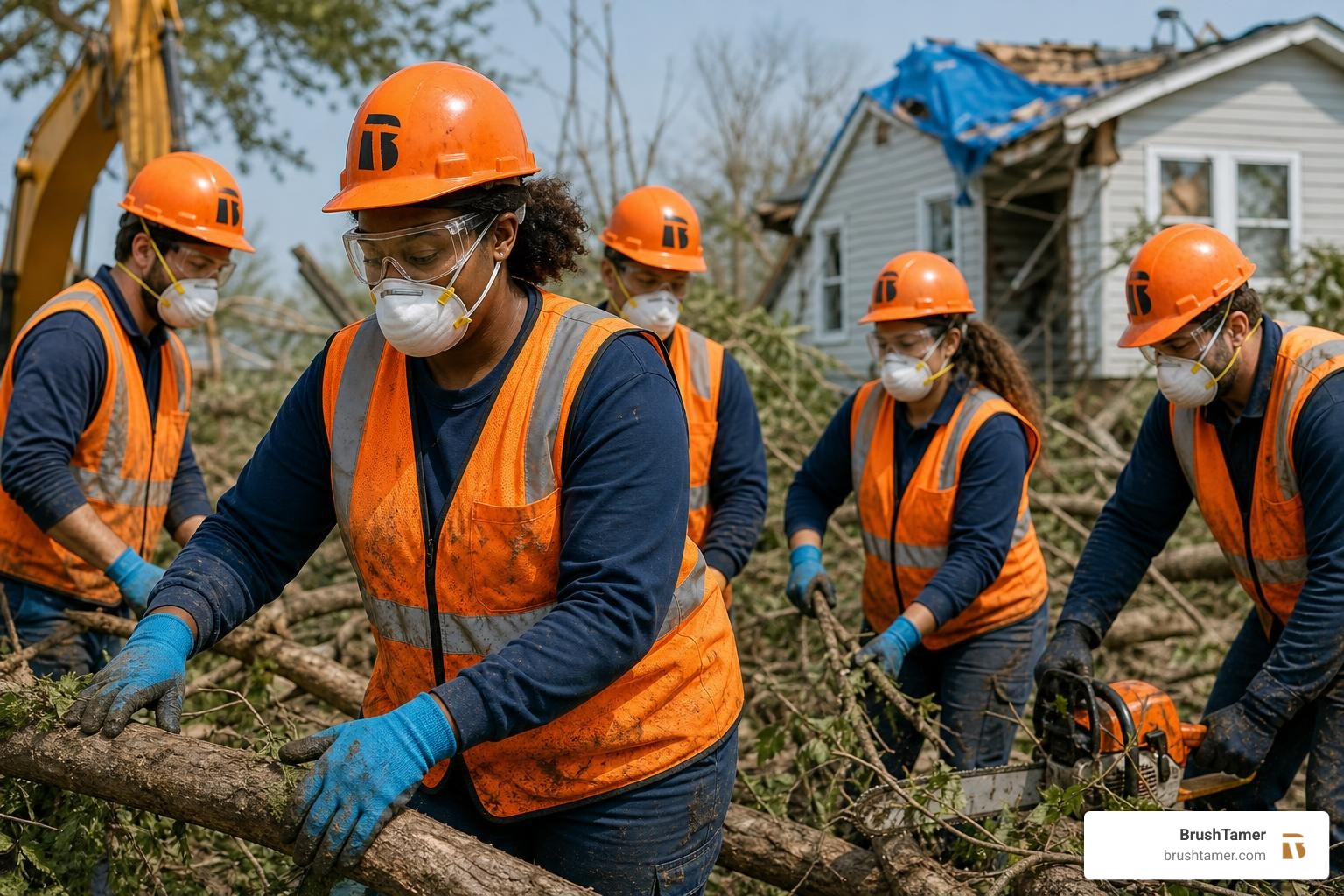 male and female storm cleanup team wearing full PPE brand colors positive