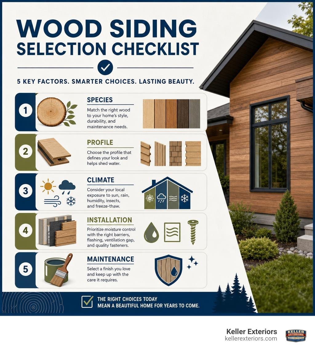 Wood siding selection checklist: species, profile, climate, installation, and maintenance infographic Wood siding selection checklist: species, profile, climate, installation, and maintenance infographic