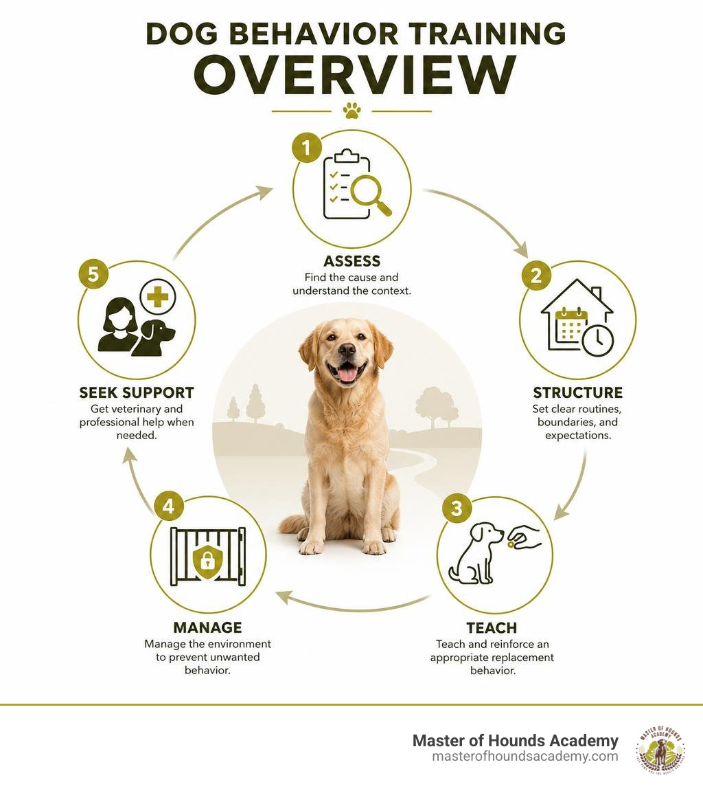 Dog behavior training overview: assess, structure, teach, manage, seek support infographic