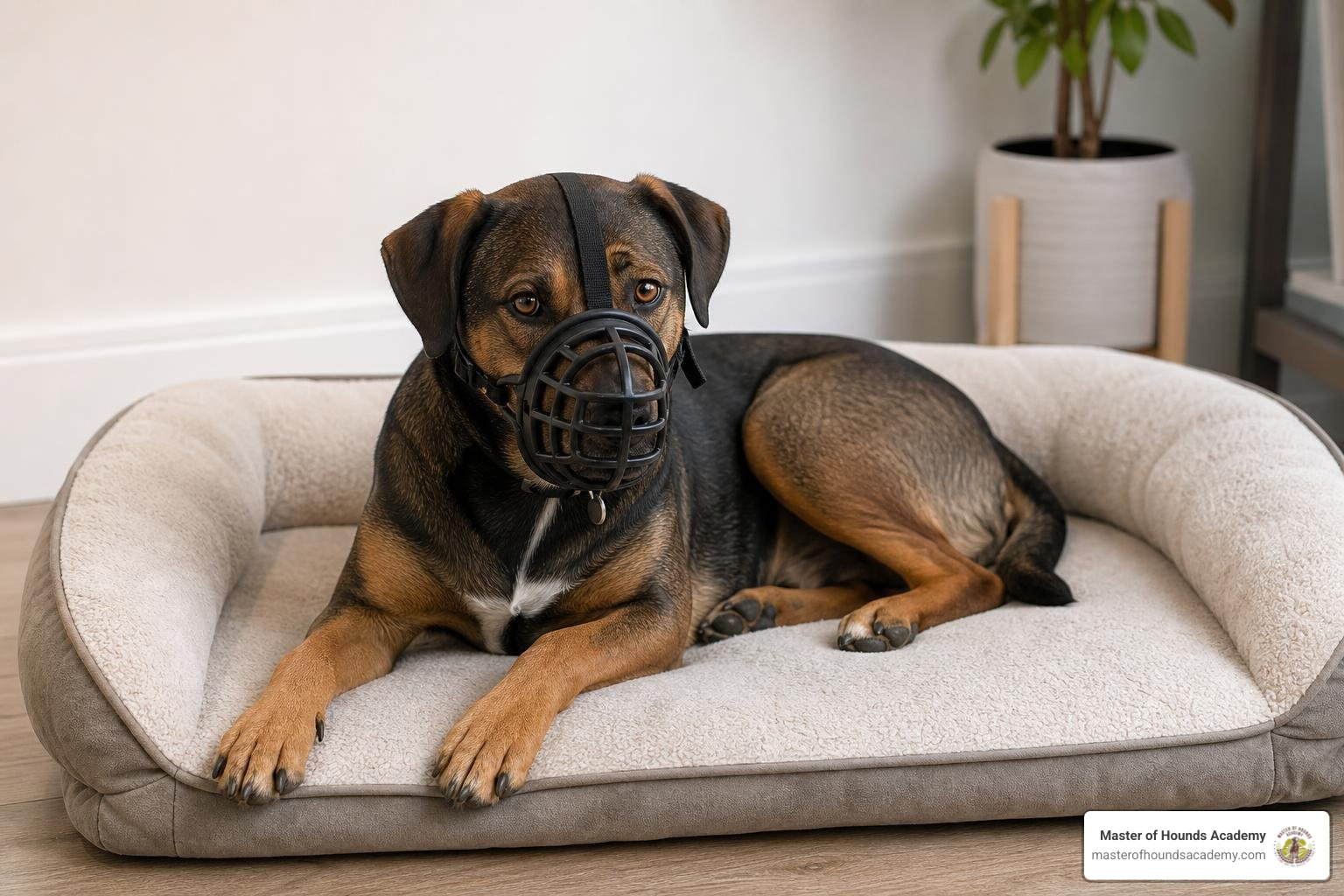 dog acclimated to a basket muzzle resting comfortably dog acclimated to a basket muzzle resting comfortably
