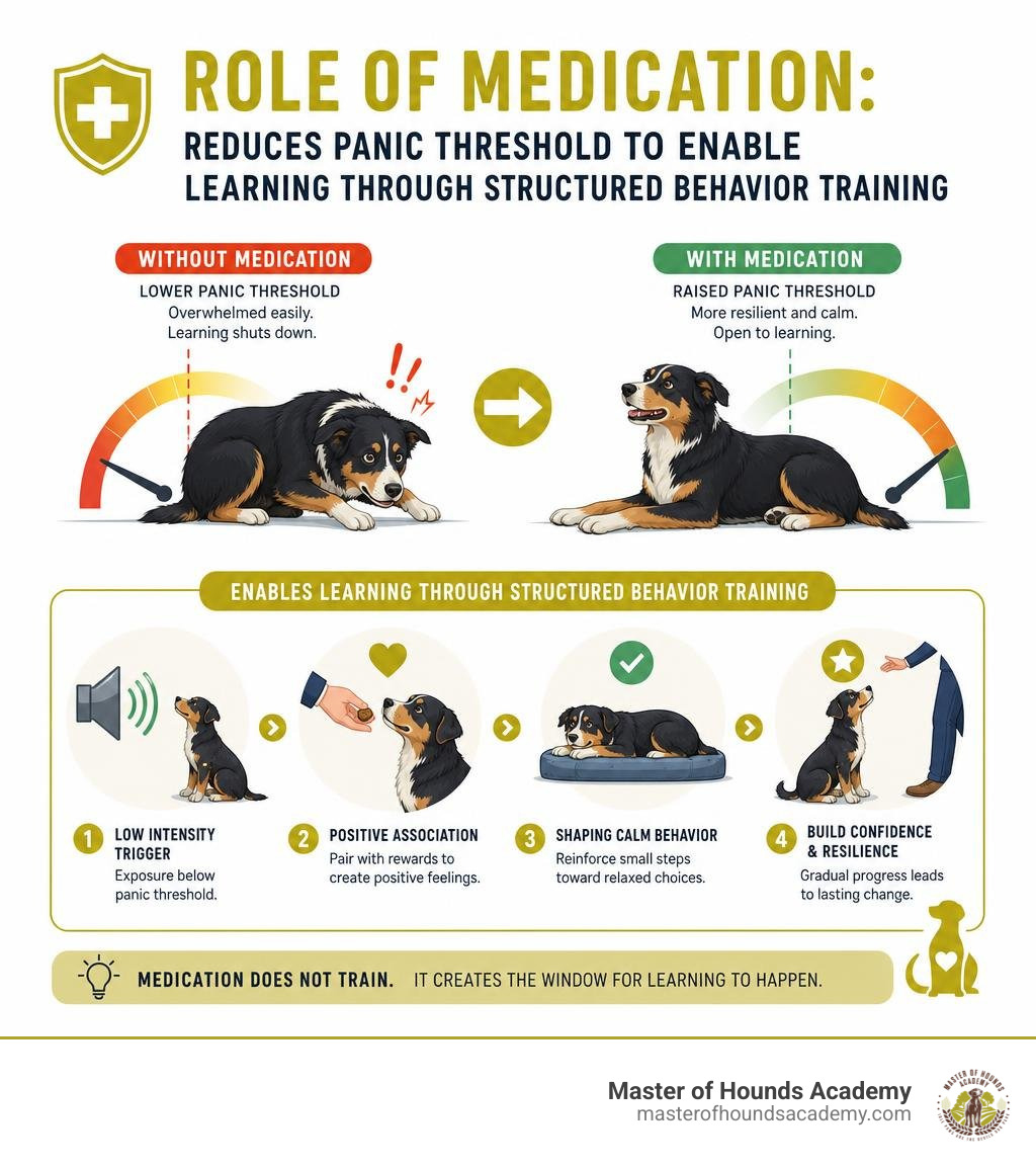 Role of medication: reduces panic threshold to enable learning through structured behavior training infographic
