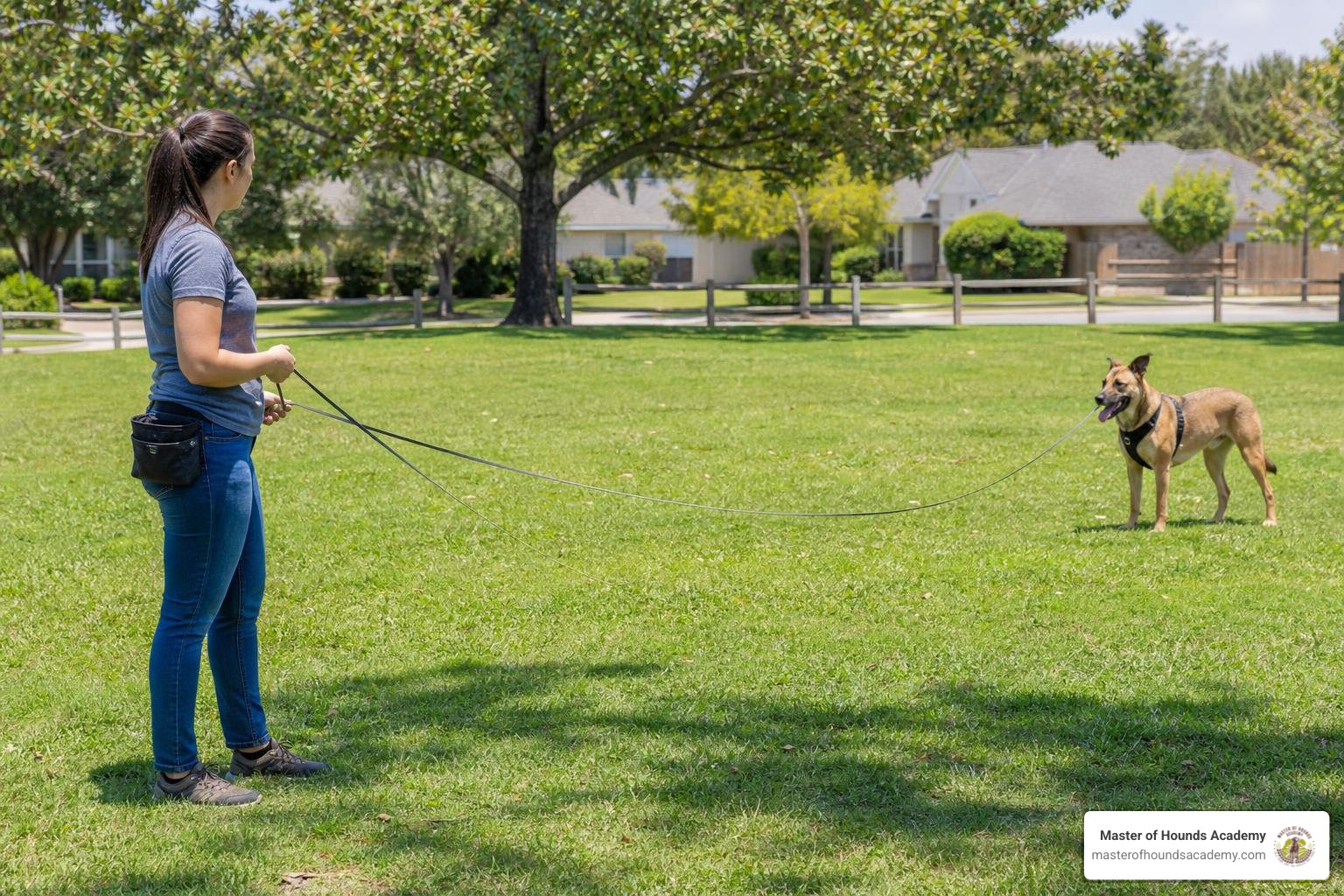 a trainer working safely with a reactive dog on a long line