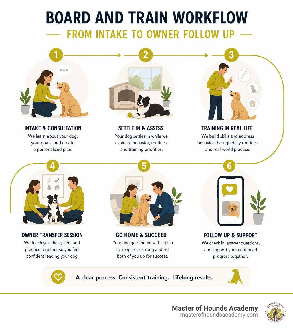 Board and train workflow from intake to owner follow up infographic