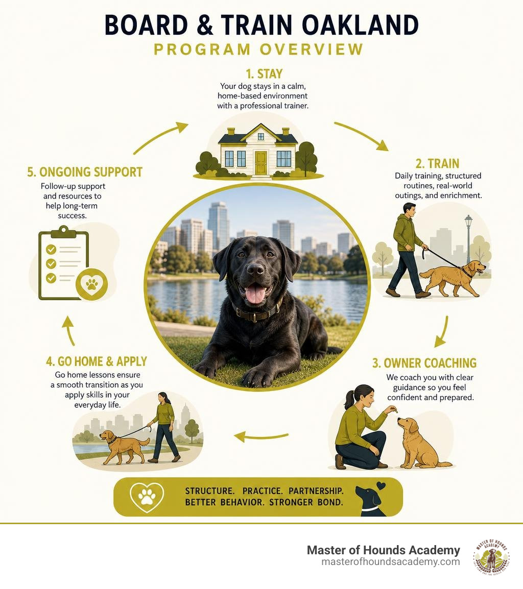 Board and train Oakland program overview with stay training owner coaching infographic Board and train Oakland program overview with stay training owner coaching infographic
