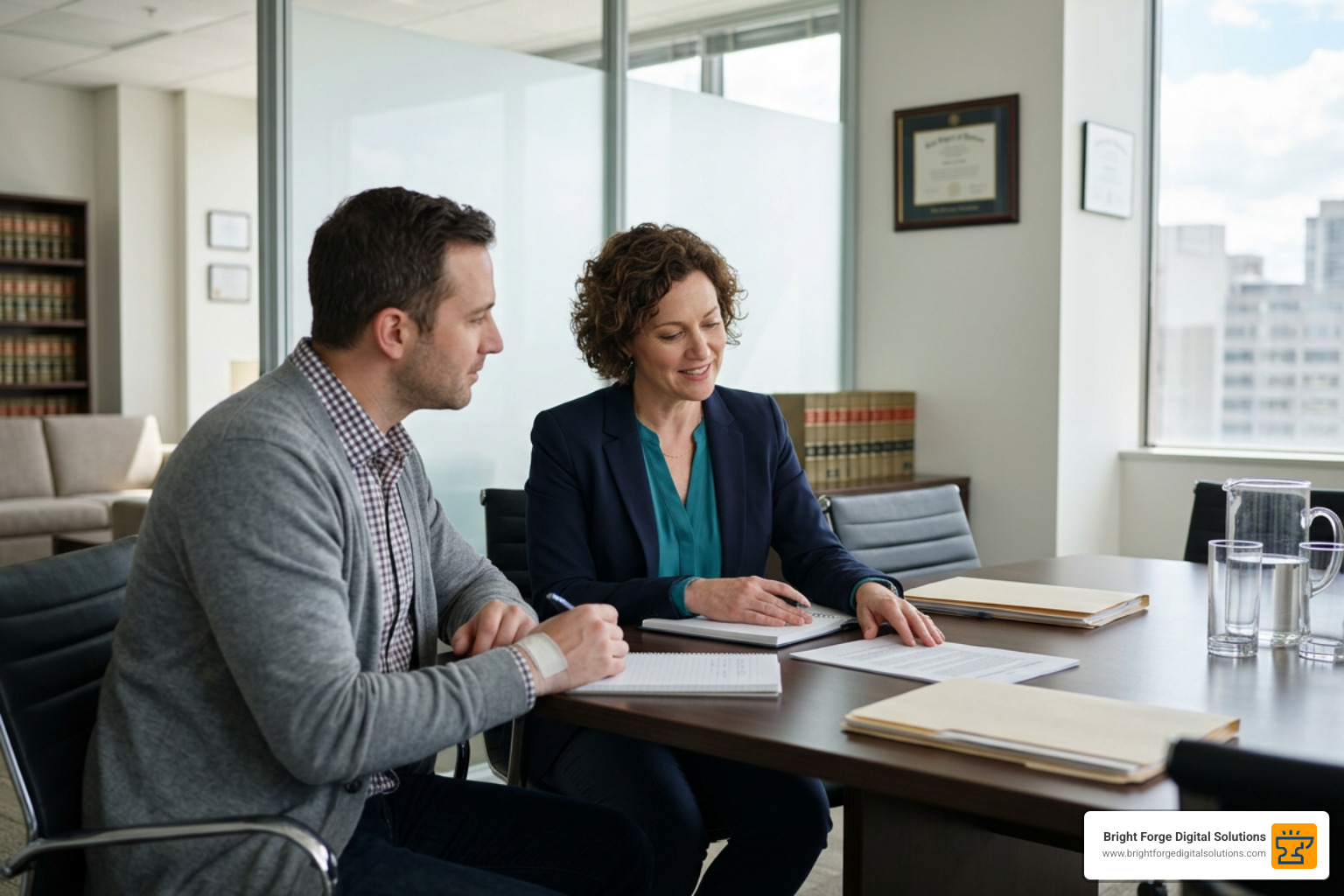 Satisfied accident victim reviewing a successful personal injury settlement check with legal counsel