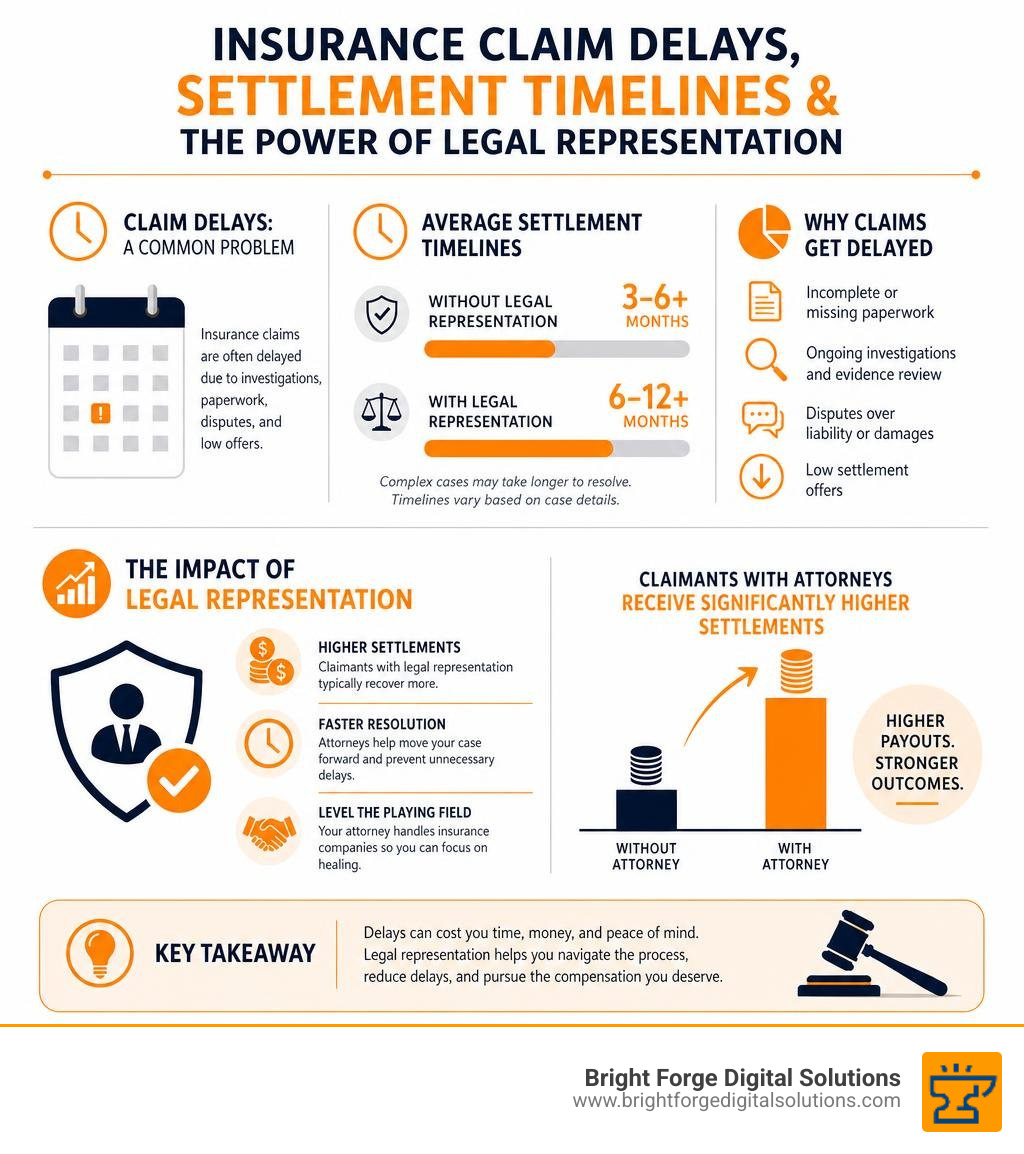 Key statistics on insurance claim delays, average settlement timelines, and impact of legal representation infographic