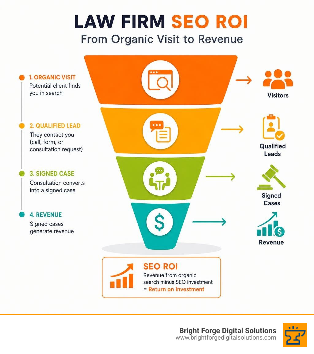 Law firm SEO ROI funnel from organic visit to qualified lead signed case and revenue infographic Law firm SEO ROI funnel from organic visit to qualified lead signed case and revenue infographic
