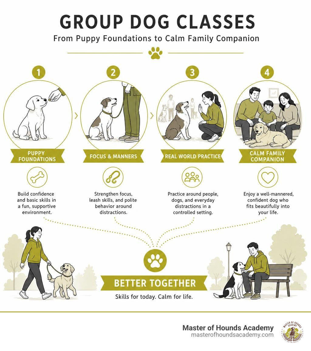 Infographic showing group dog classes from puppy foundations to calm family companion infographic Infographic showing group dog classes from puppy foundations to calm family companion infographic